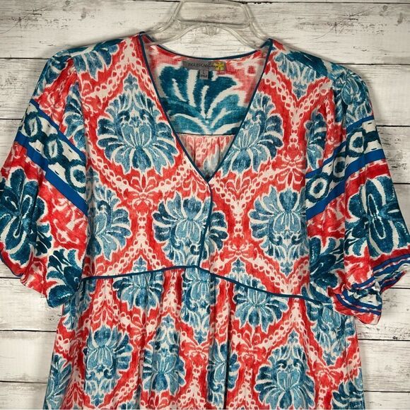 Figueroa & Flower Puff Sleeve Bohemian Maxi Ruffle Hem Coral Turquoise Dress L - Picture 10 of 11